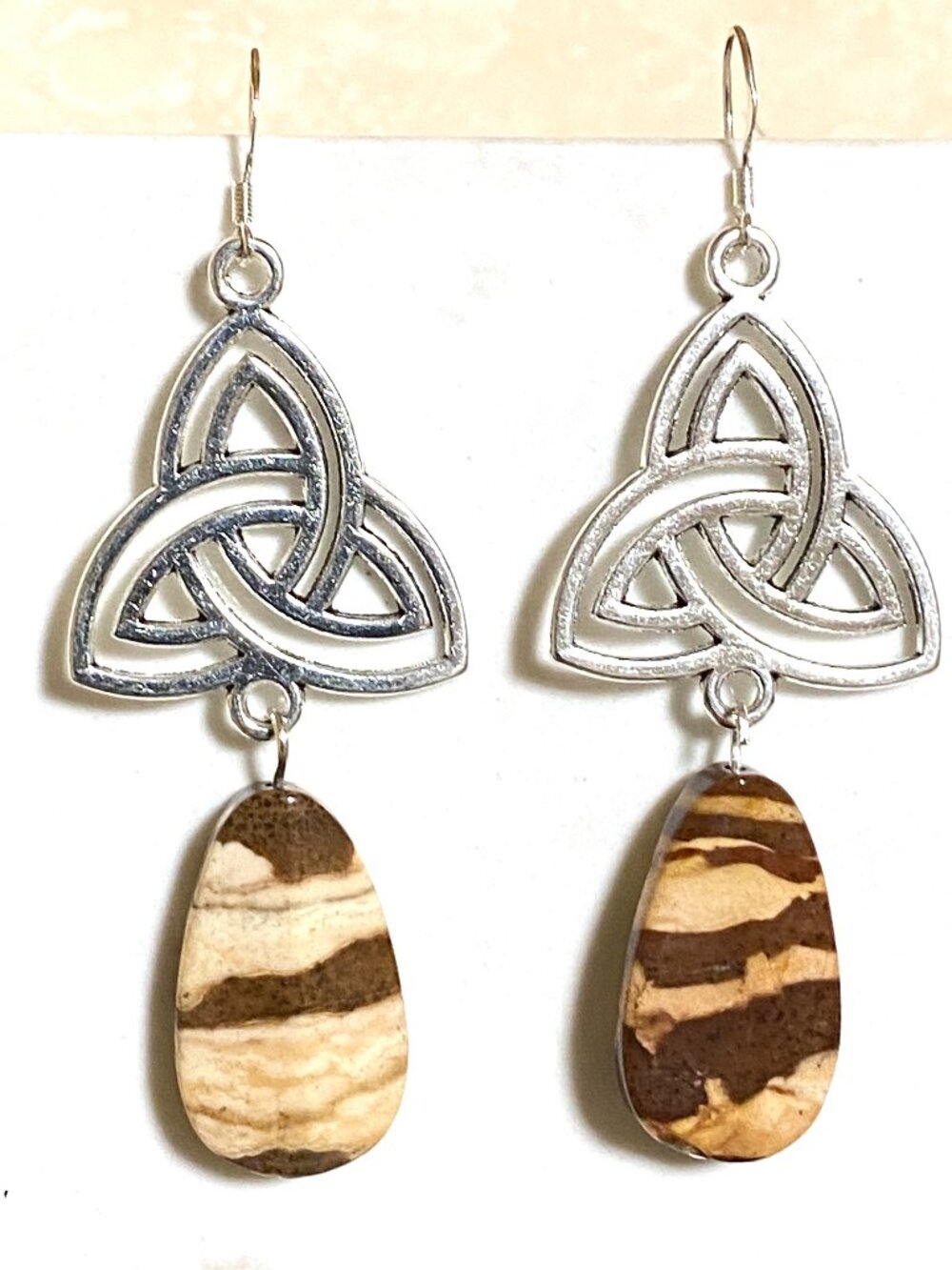 2/$20, Zebra Jasper Triqueta Dangle Earrings, Gemstone & Sterling Silver Hook